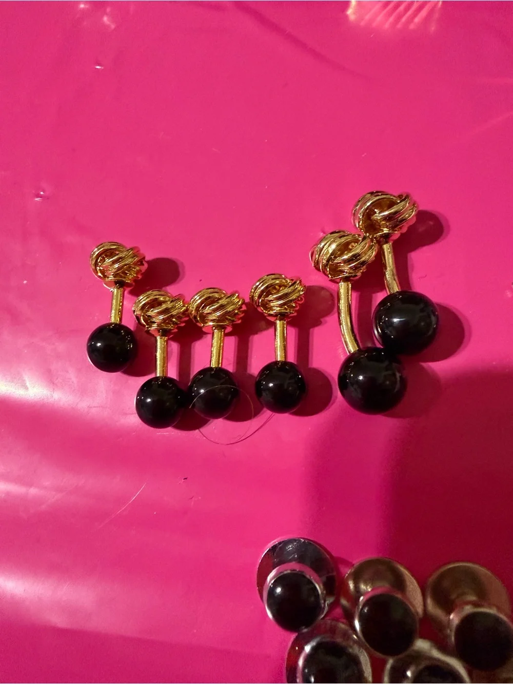 3 Sets (Lg & 2 Sm) Gold Tone Love Knot/Black Onyx Ball Cuff Links Saks Fifth Ave